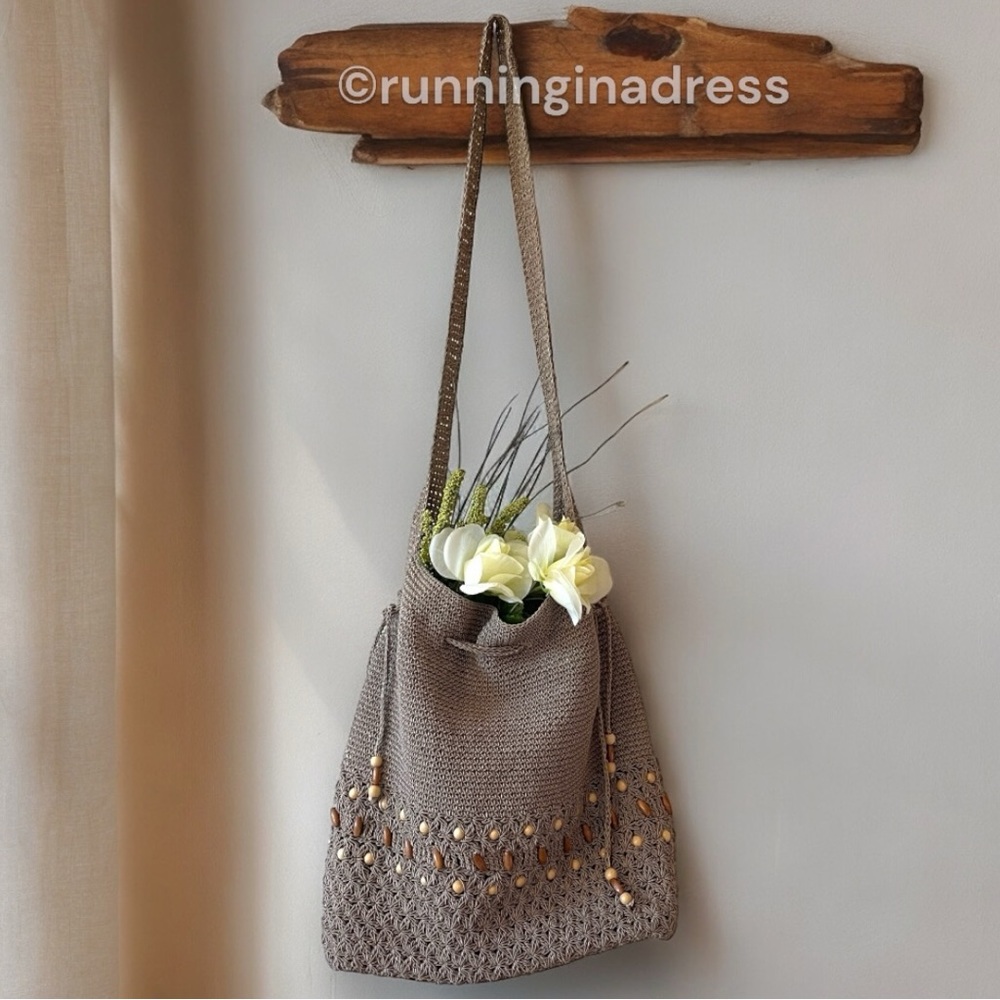 Large Boho Beaded Drawstring Crochet Knit Crossbody Bag.